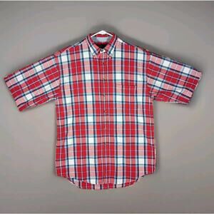 Deep River Trading Shirt Men Large Red Plaid Short Sleeve Button Up Seersucker